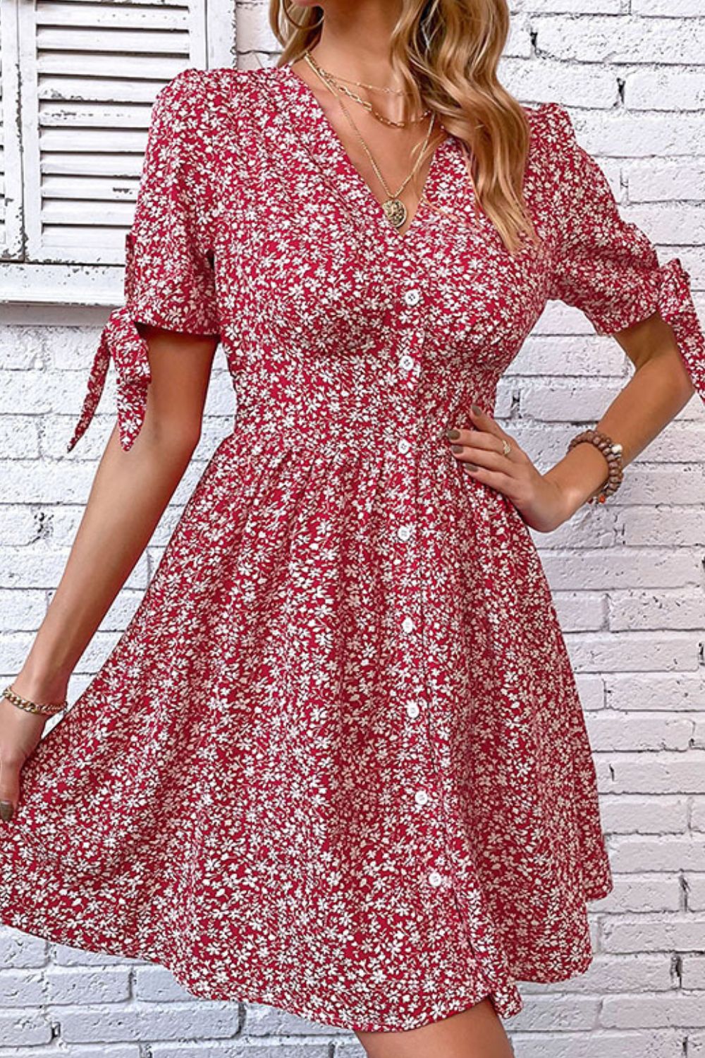 Ditsy Floral Tied Puff Sleeve Button Front Dress  Dresses- Doll Fits