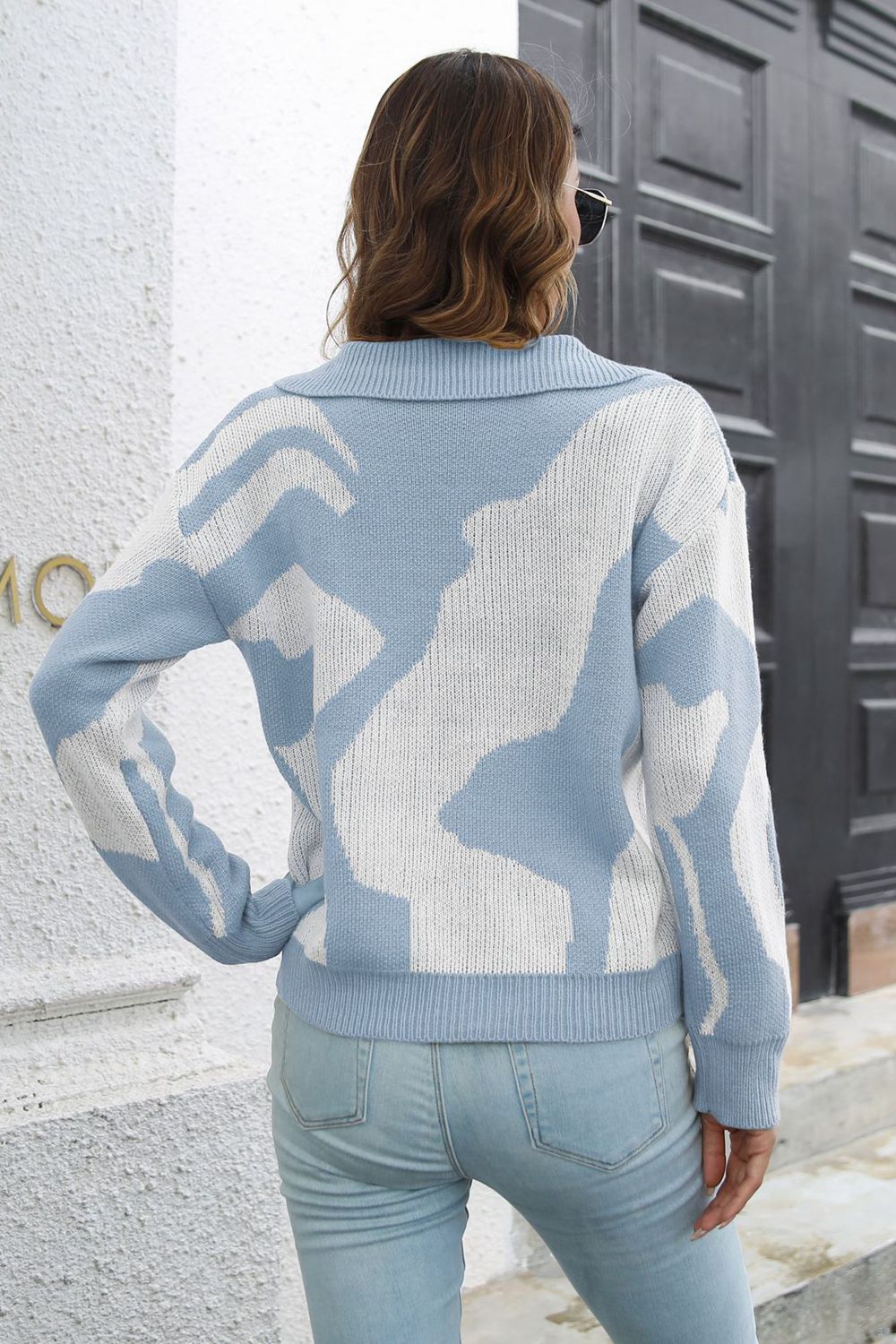 Two-Tone Johnny Collar Dropped Shoulder Pullover Sweater  - Doll Fits