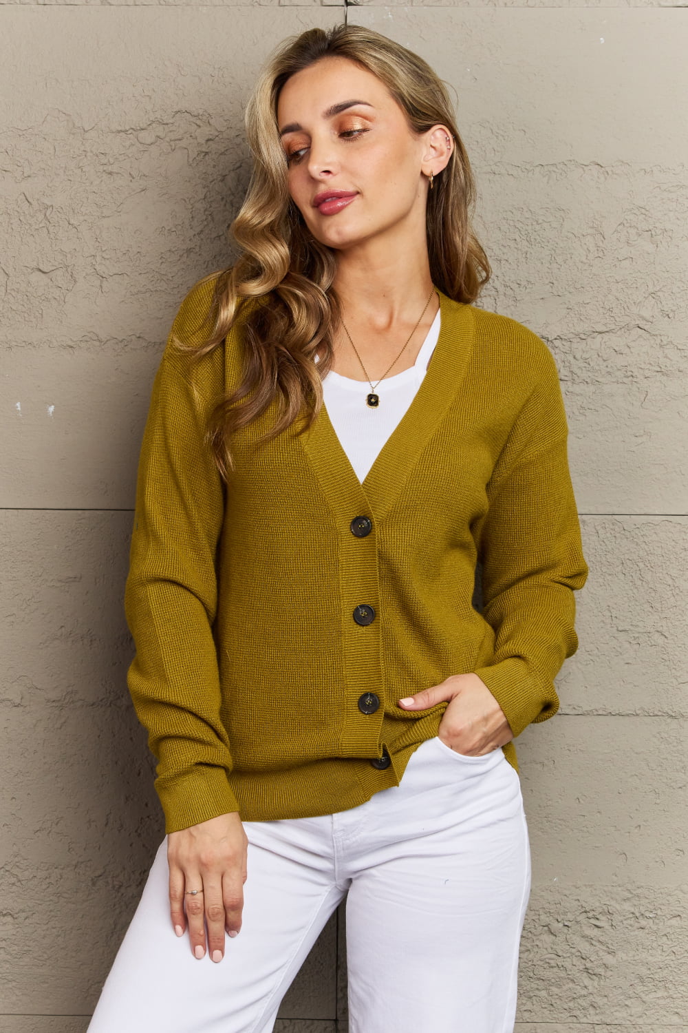 Zenana Kiss Me Tonight Full Size Button Down Cardigan in Chartreuse  - Doll Fits