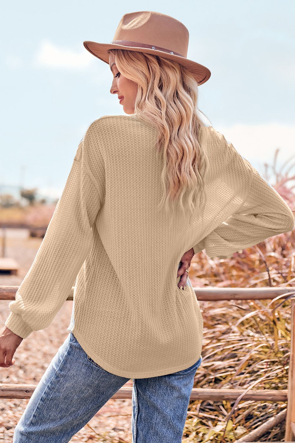 V-Neck Dropped Shoulder Waffle-Knit Blouse  - Doll Fits