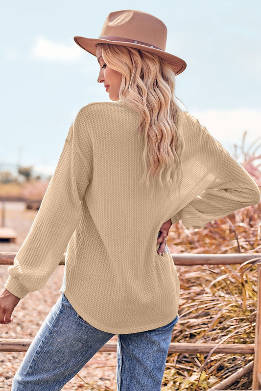 V-Neck Dropped Shoulder Waffle-Knit Blouse  - Doll Fits