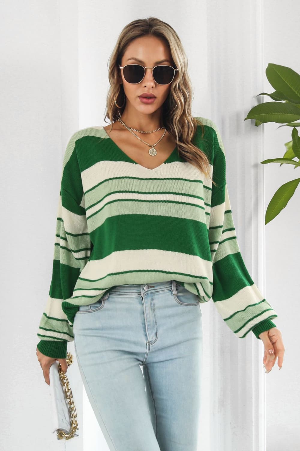 Striped V-Neck Dropped Shoulder Sweater  - Doll Fits