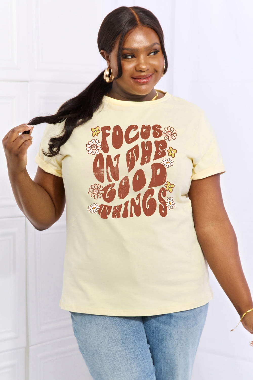 Simply Love Full Size FOCUS ON THE GOOD THINGS Graphic Cotton Tee  - Doll Fits