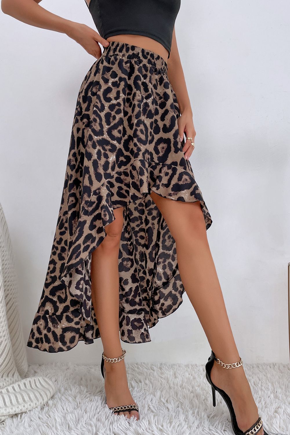 Leopard Ruffle Hem High-Low Skirt  Skirts- Doll Fits