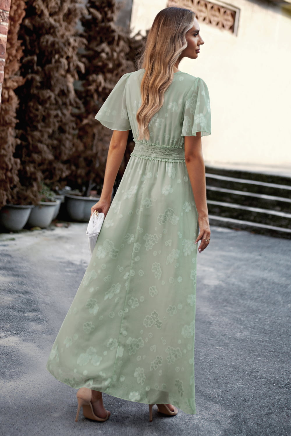 Floral Print V-Neck Smocked Waist High Slit Maxi Dress  Dresses- Doll Fits