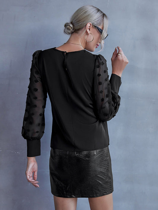 Swiss Dot Lantern Sleeve Round Neck Blouse  Shirts & Tops- Doll Fits