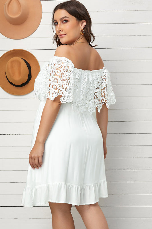 Plus Size Tassel Tie Spliced Lace Off-Shoulder Dress  Dresses- Doll Fits