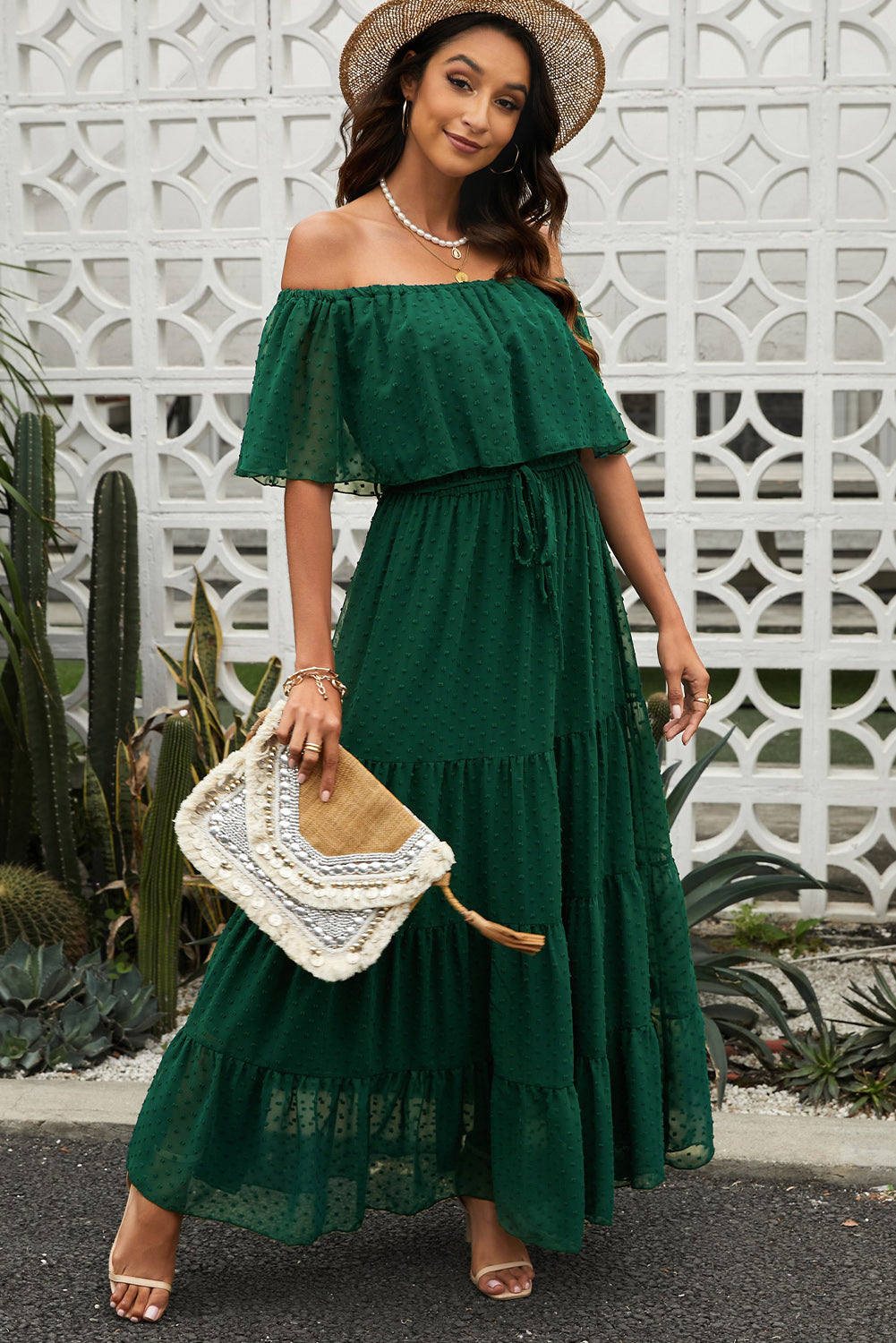 Swiss Dot Off-Shoulder Tiered Maxi Dress  Dresses- Doll Fits