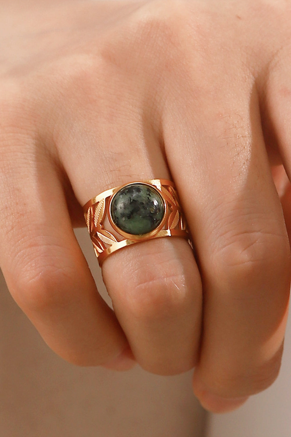 18k Gold Plated Malachite Leaf Ring  Rings- Doll Fits