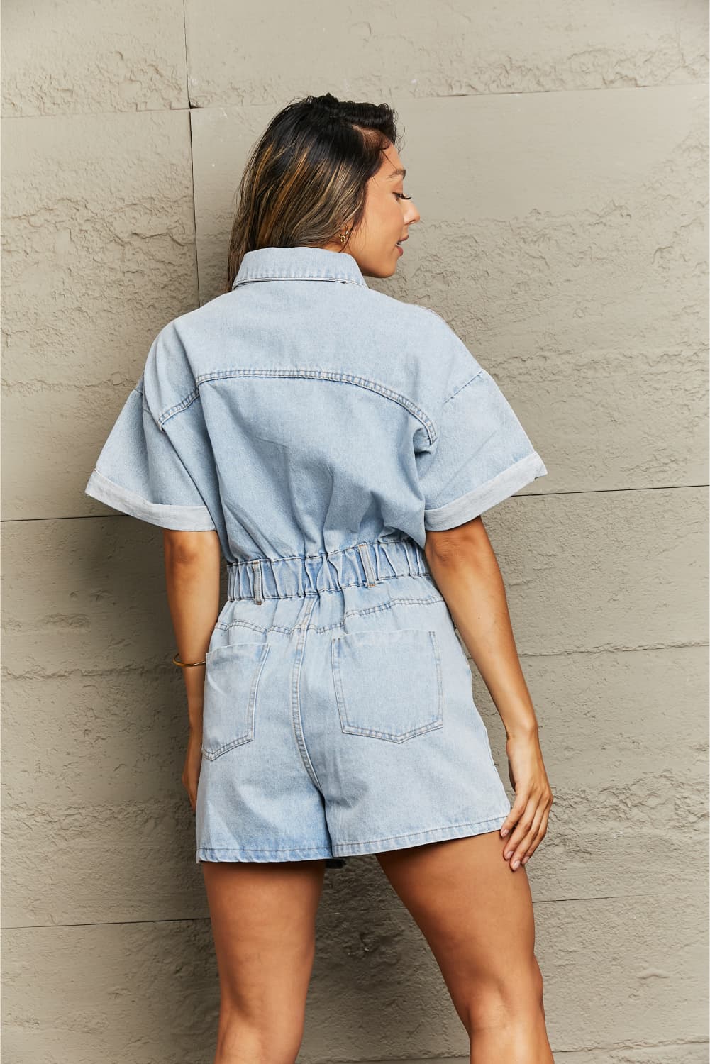 Collared Neck Denim Romper with Pockets  - Doll Fits