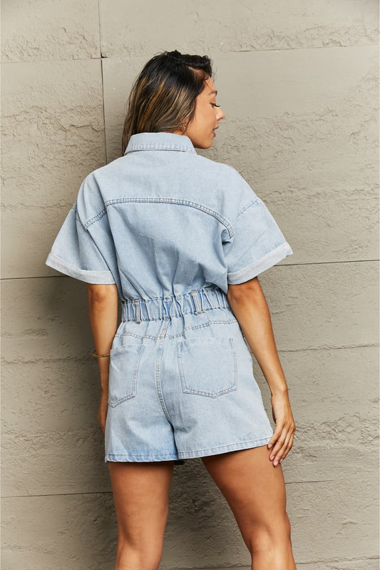 Collared Neck Denim Romper with Pockets  - Doll Fits