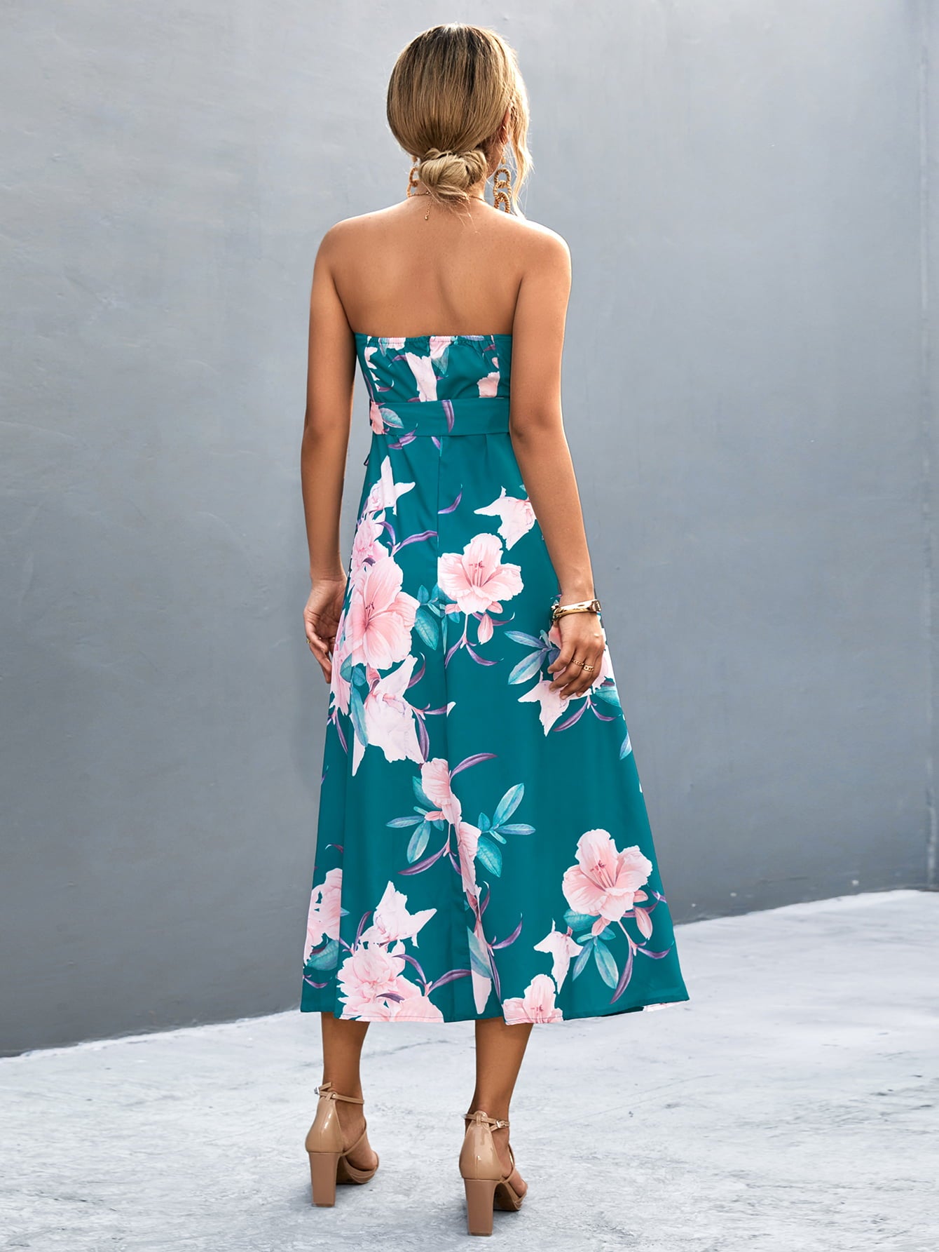 Floral Print Tie Waist Straight Neck Midi Dress  Dresses- Doll Fits