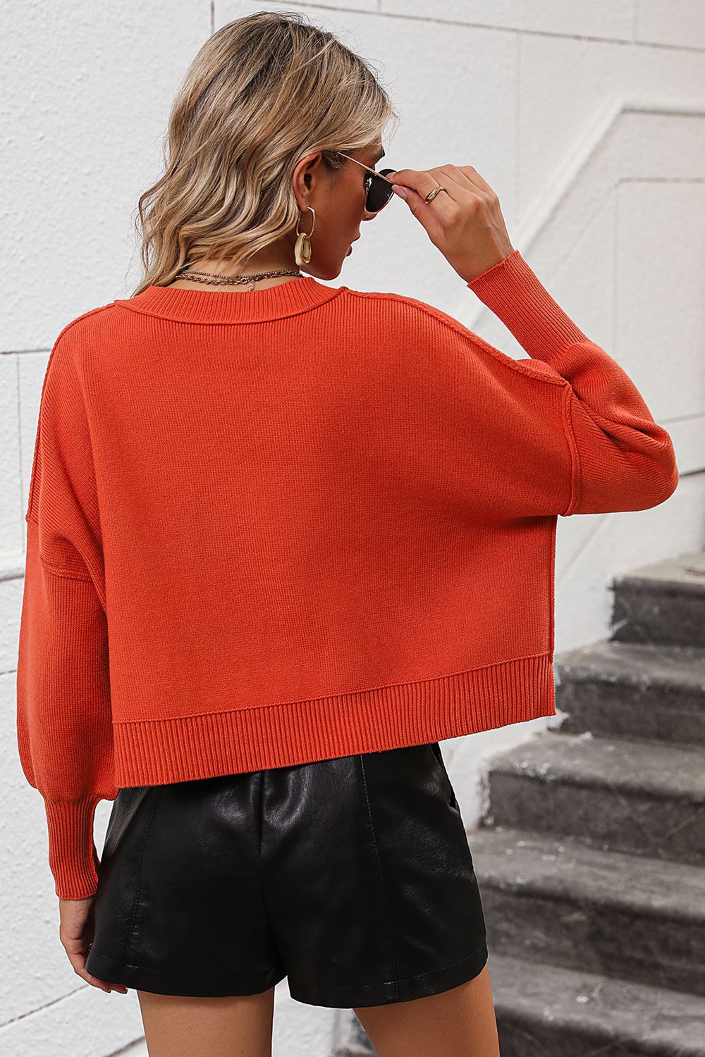 Round Neck Dropped Shoulder Pullover Sweater  - Doll Fits