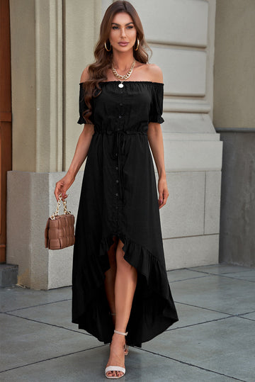 Off-Shoulder Drawstring Waist Ruffled High-Low Dress  Dresses- Doll Fits