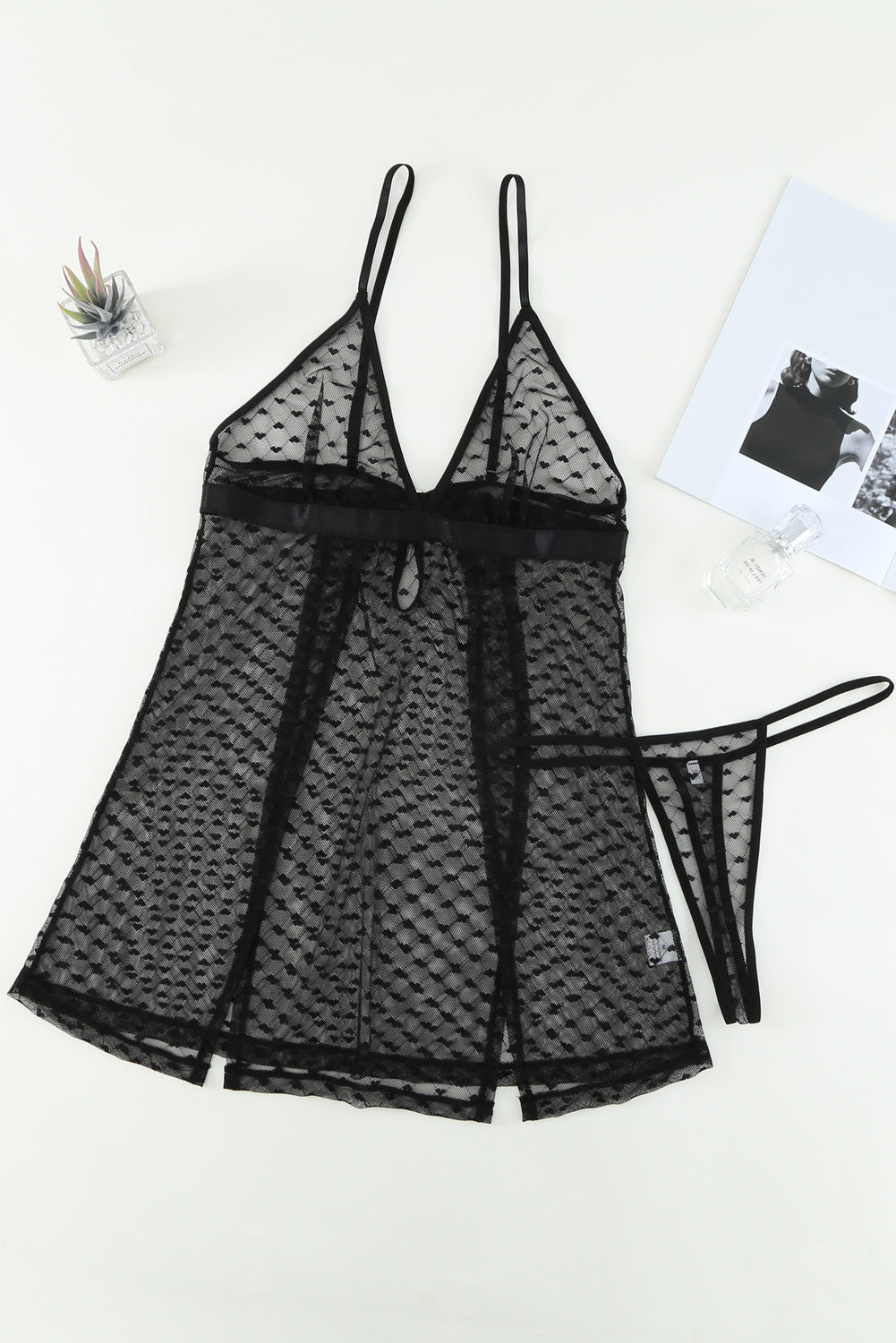 Heart Print Babydoll Lingerie Set with Thong  Intimates- Doll Fits