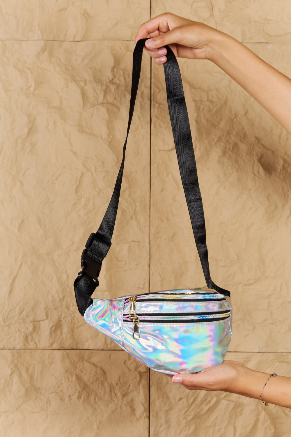 Fame Good Vibrations Holographic Double Zipper Fanny Pack in Silver  - Doll Fits
