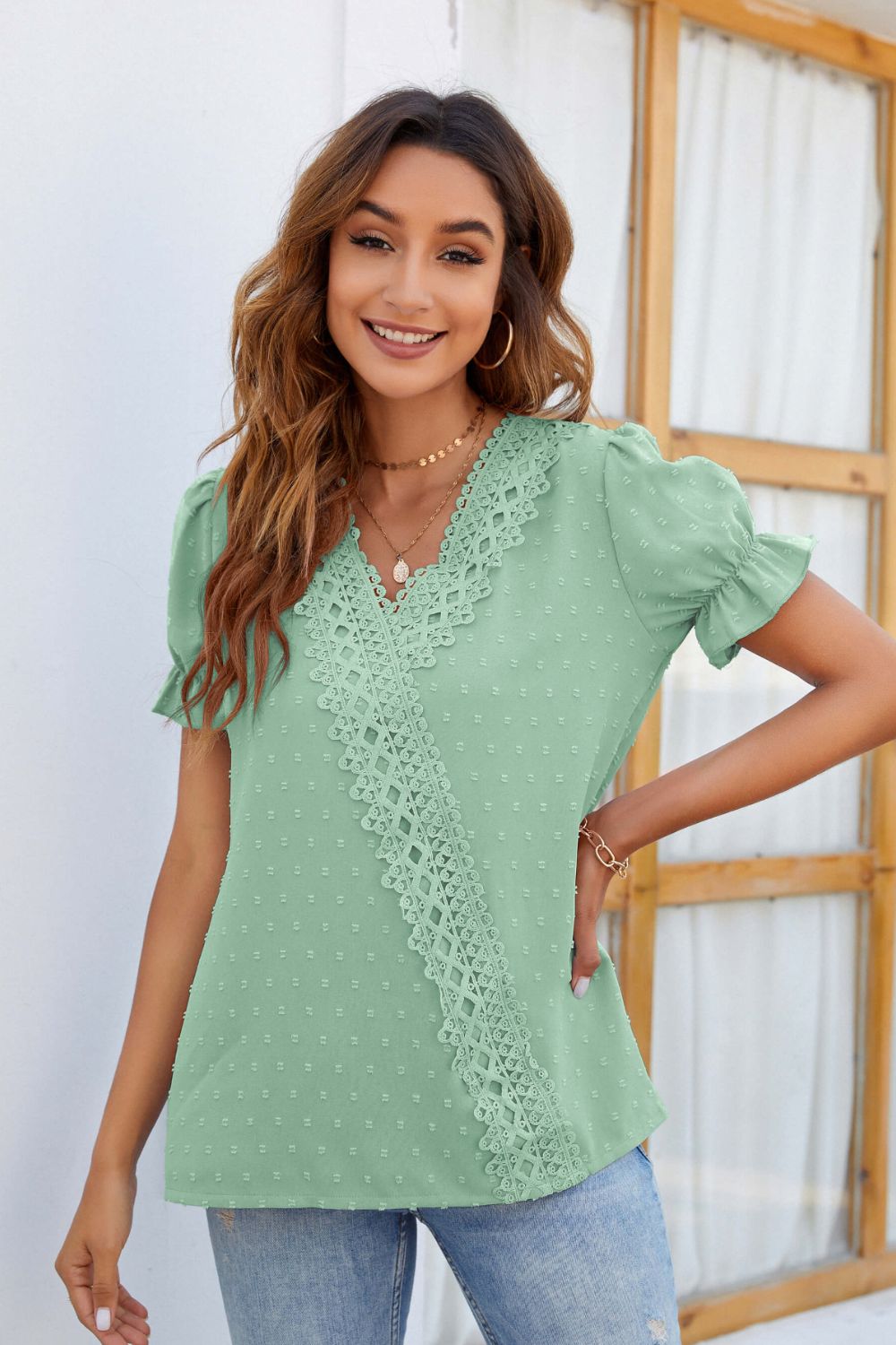 Swiss Dot Lace Trim Flounce Sleeve Blouse  Shirts & Tops- Doll Fits