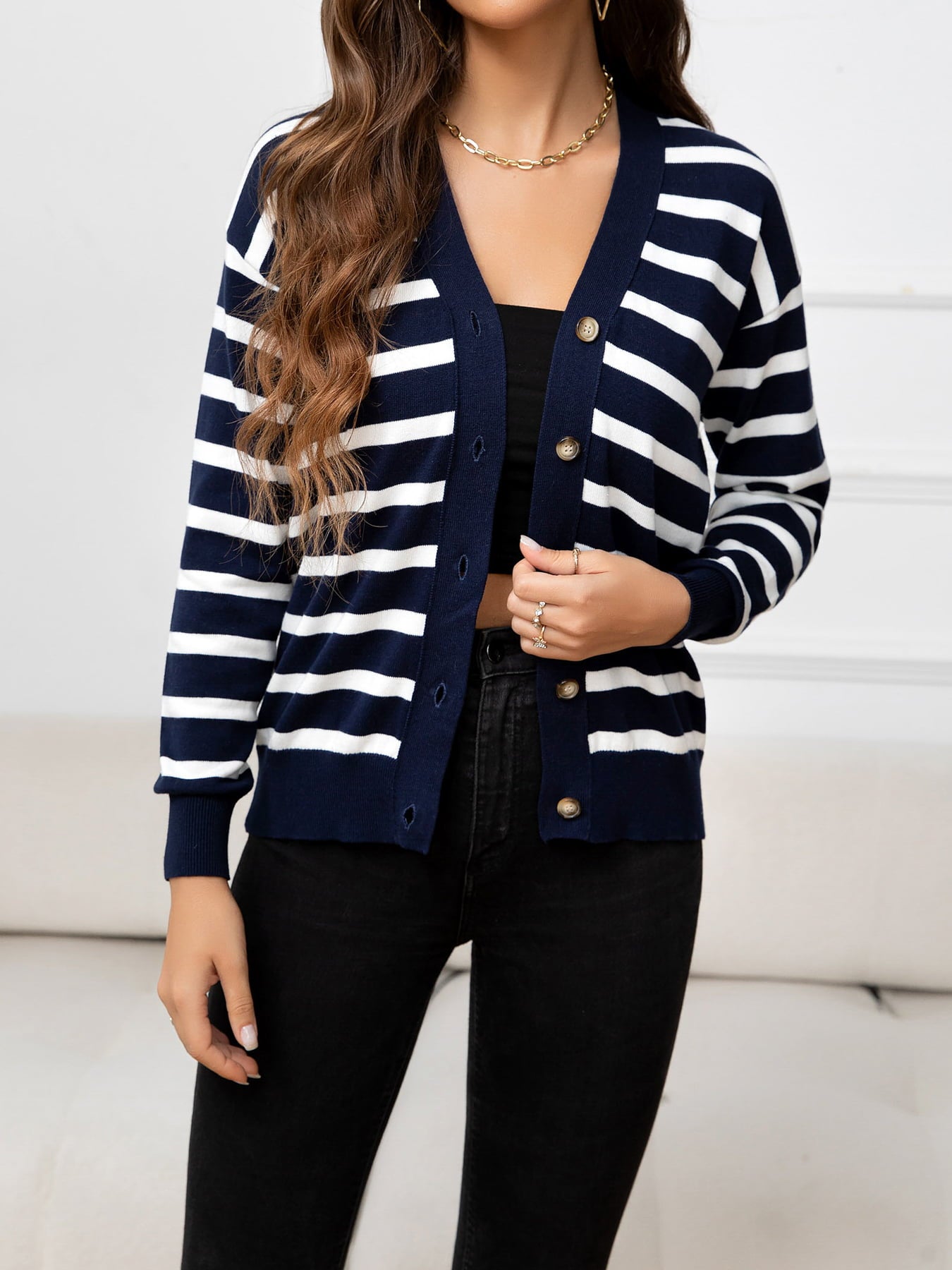 Striped Dropped Shoulder V-Neck Knit Top  - Doll Fits