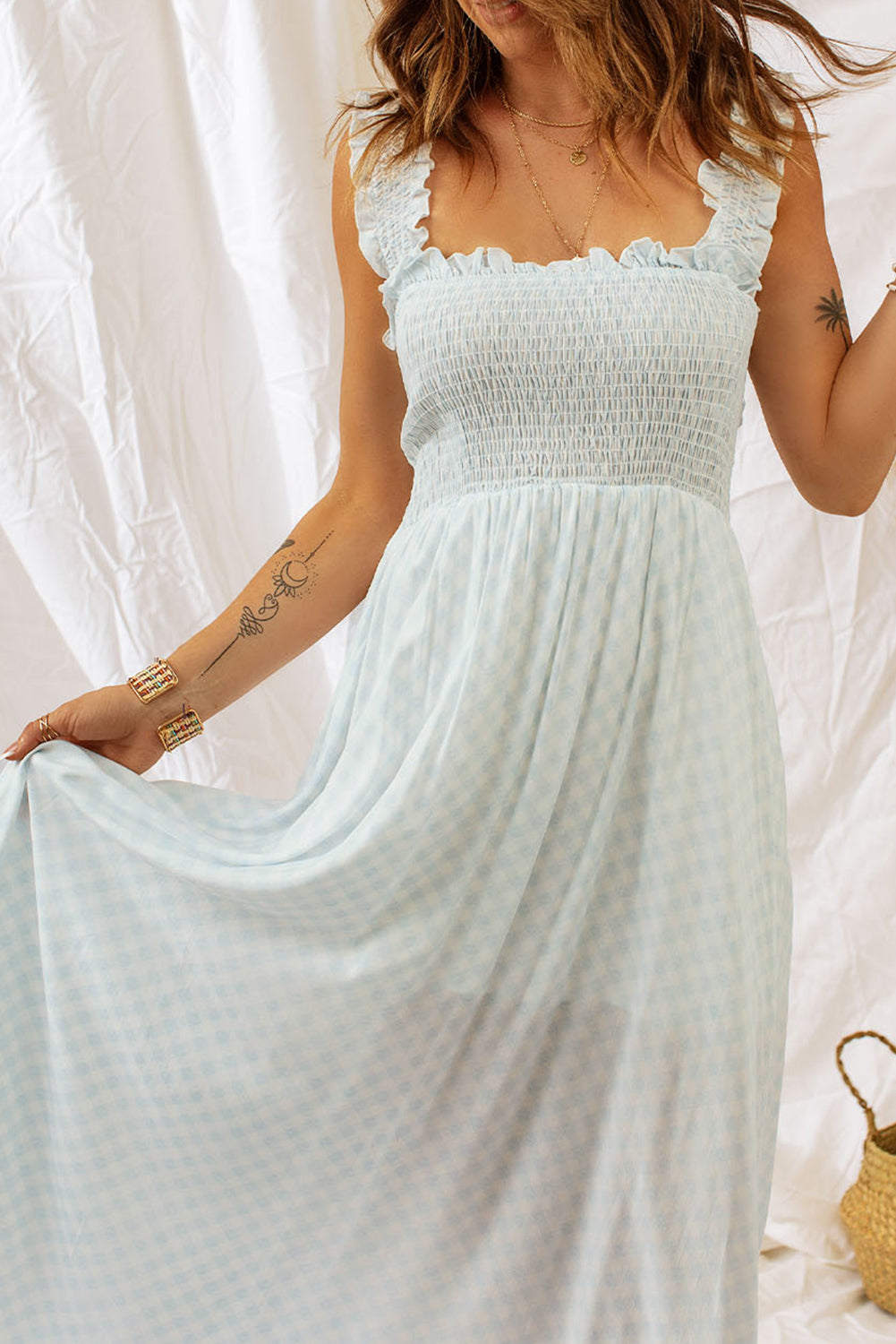 Plaid Ruffle Strap Smocked Maxi Dress  Dresses- Doll Fits