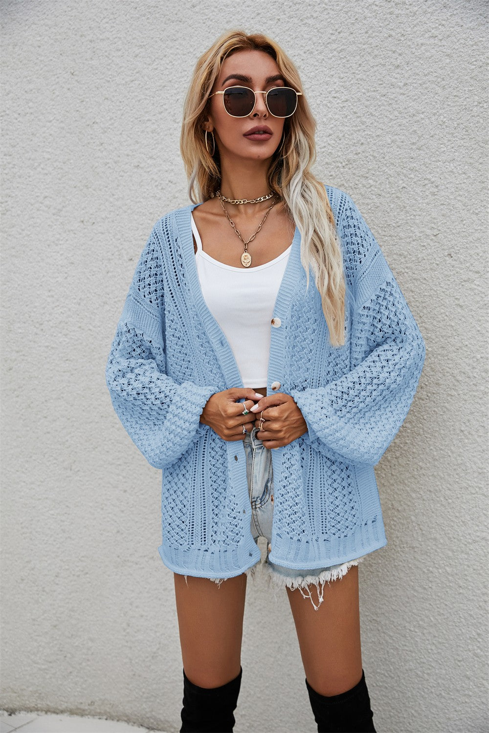 Openwork V-Neck Dropped Shoulder Cardigan  Coats & Jackets- Doll Fits