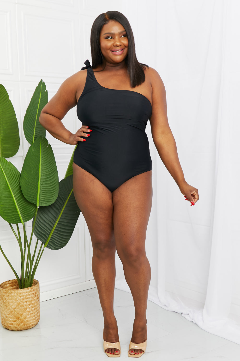 Marina West Swim Deep End One-Shoulder One-Piece Swimsuit in Black  Swimwear- Doll Fits
