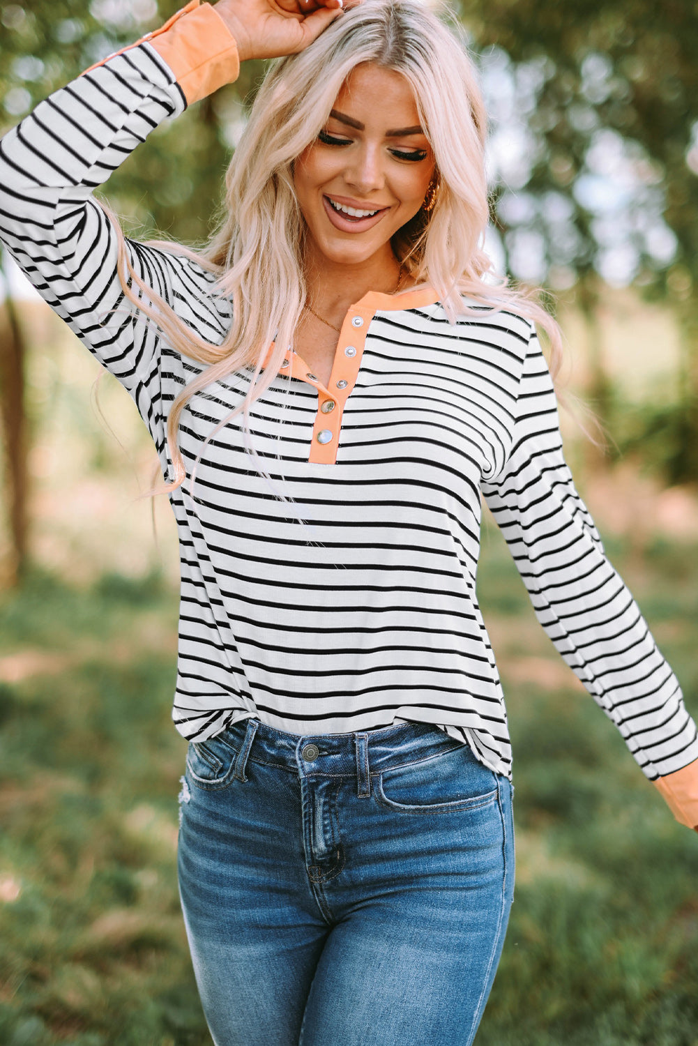 Striped Contrast Trim Quarter Snap T-Shirt  Shirts & Tops- Doll Fits