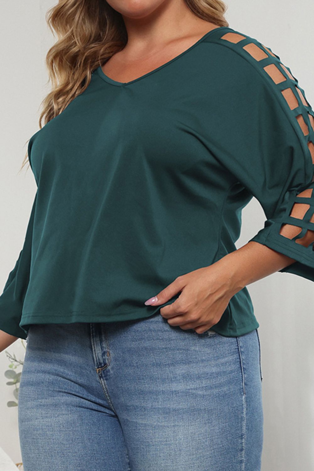 Plus Size Cutout Three-Quarter Sleeve Blouse  Shirts & Tops- Doll Fits