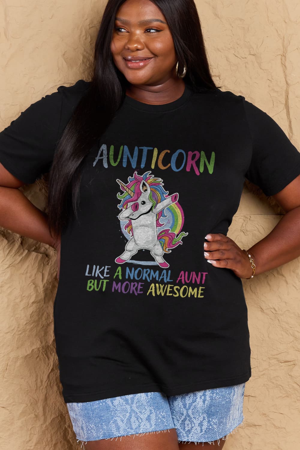 Simply Love Full Size AUNTICORN LIKE A NORMAL AUNT BUT MORE AWESOME Graphic Cotton Tee  - Doll Fits