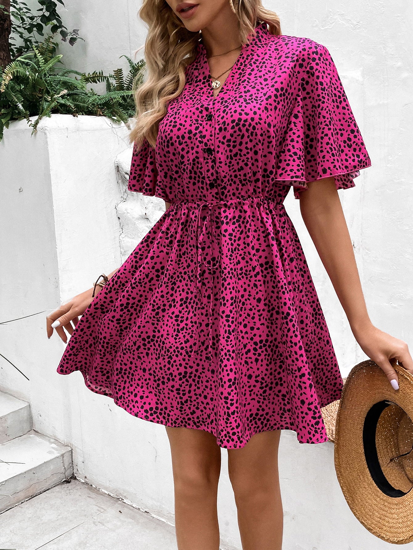 Printed Drawstring Waist Flutter Sleeve Dress  Dresses- Doll Fits