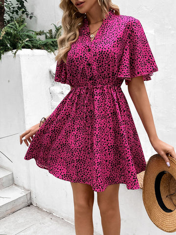 Printed Drawstring Waist Flutter Sleeve Dress  Dresses- Doll Fits