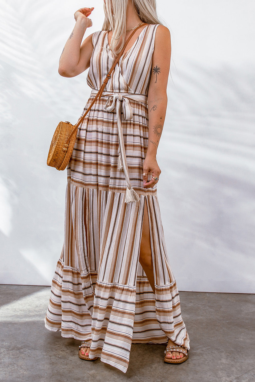 Striped Tie Waist Slit Sleeveless Dress  Dresses- Doll Fits