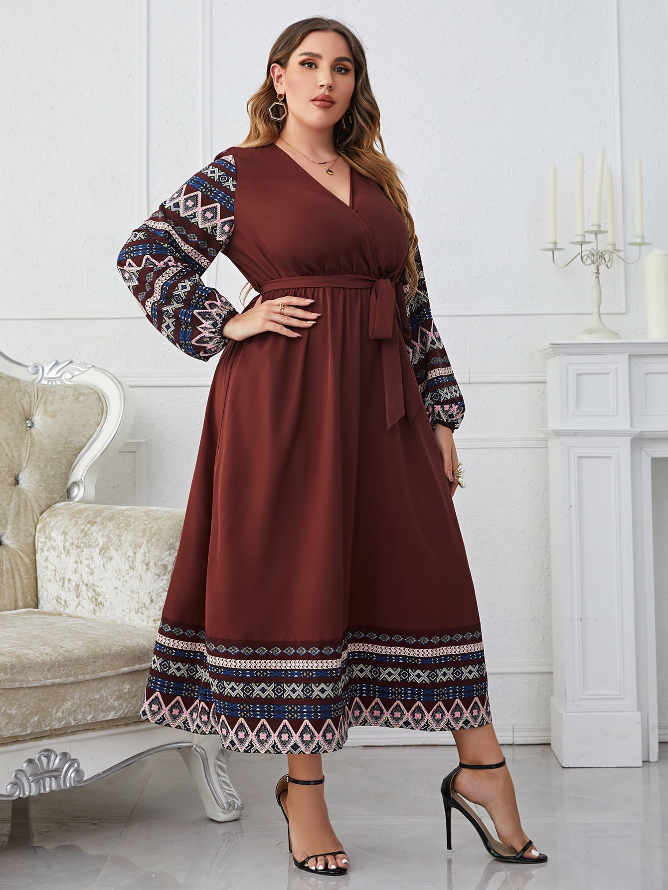 Melo Apparel Plus Size Surplice Neck Tie Belt Balloon Sleeve Dress  Dresses- Doll Fits