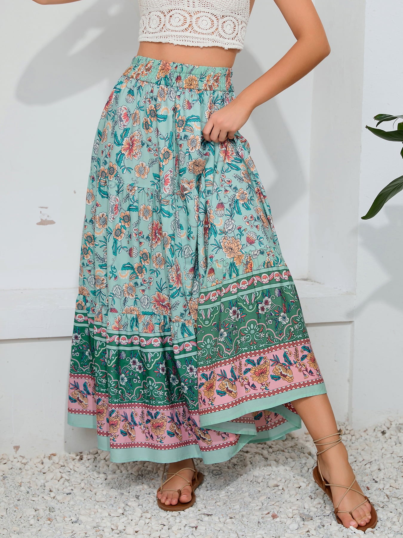 Bohemian Print Smocked Waist Maxi Skirt  Skirts- Doll Fits