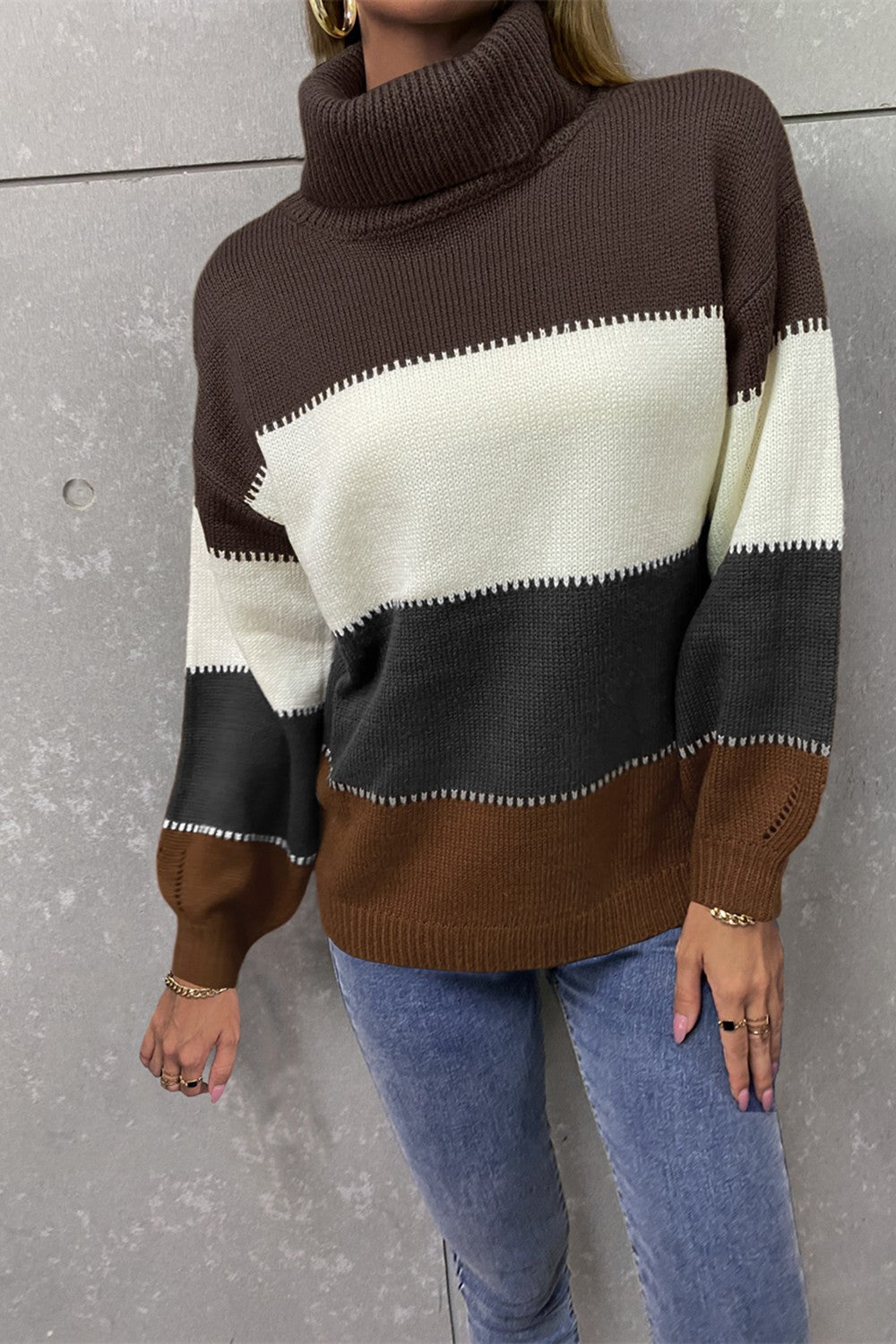 Color Block Lantern Sleeve Turtleneck Sweater  Shirts & Tops- Doll Fits