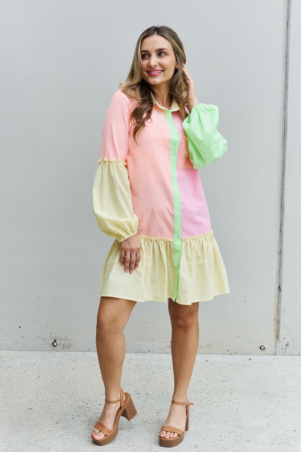 Davi & Dani Flying Colors Full Size Colorblock Long Sleeve Shirt Dress  Dresses- Doll Fits