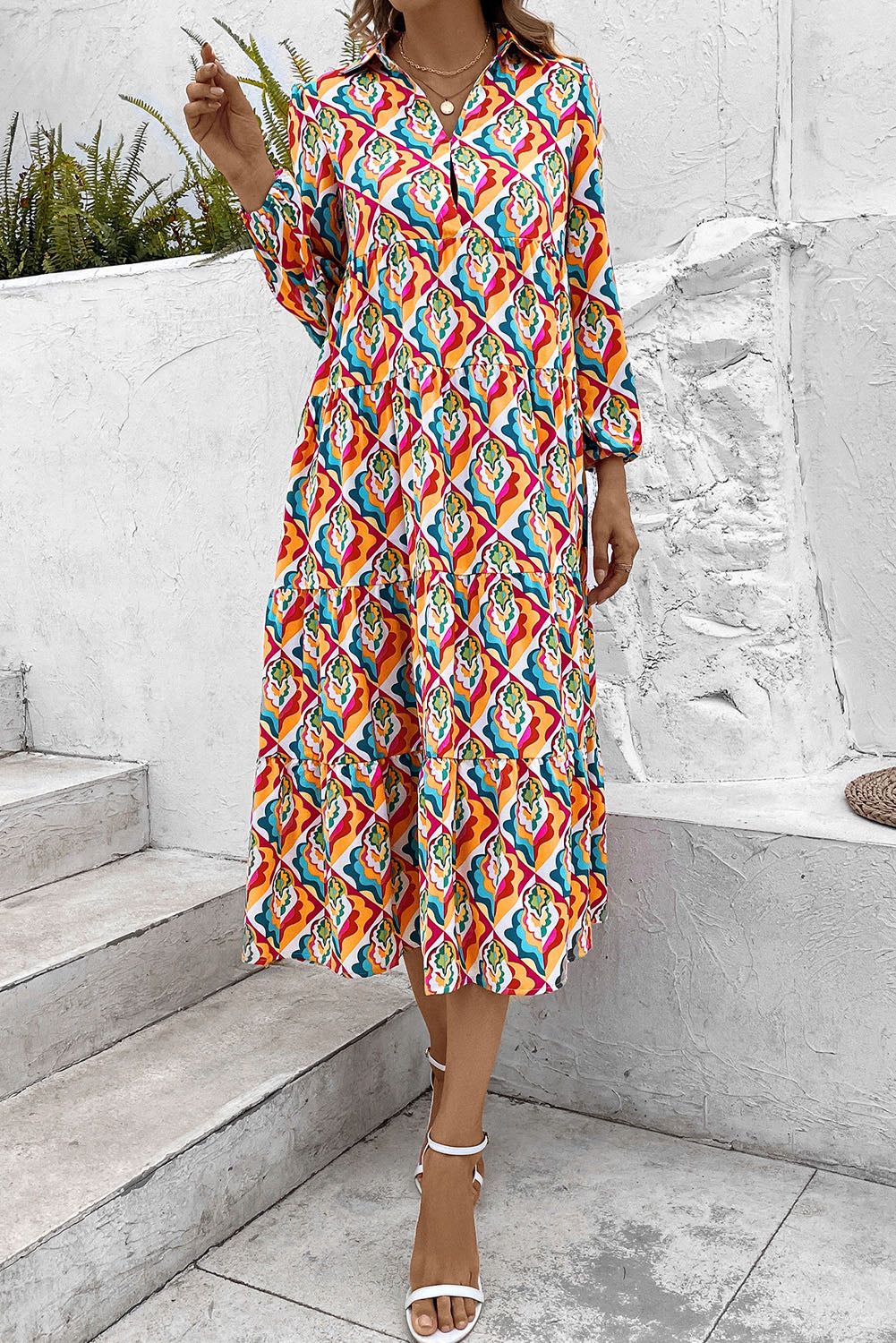 Printed Collared Neck Long Sleeve Dress  Dresses- Doll Fits