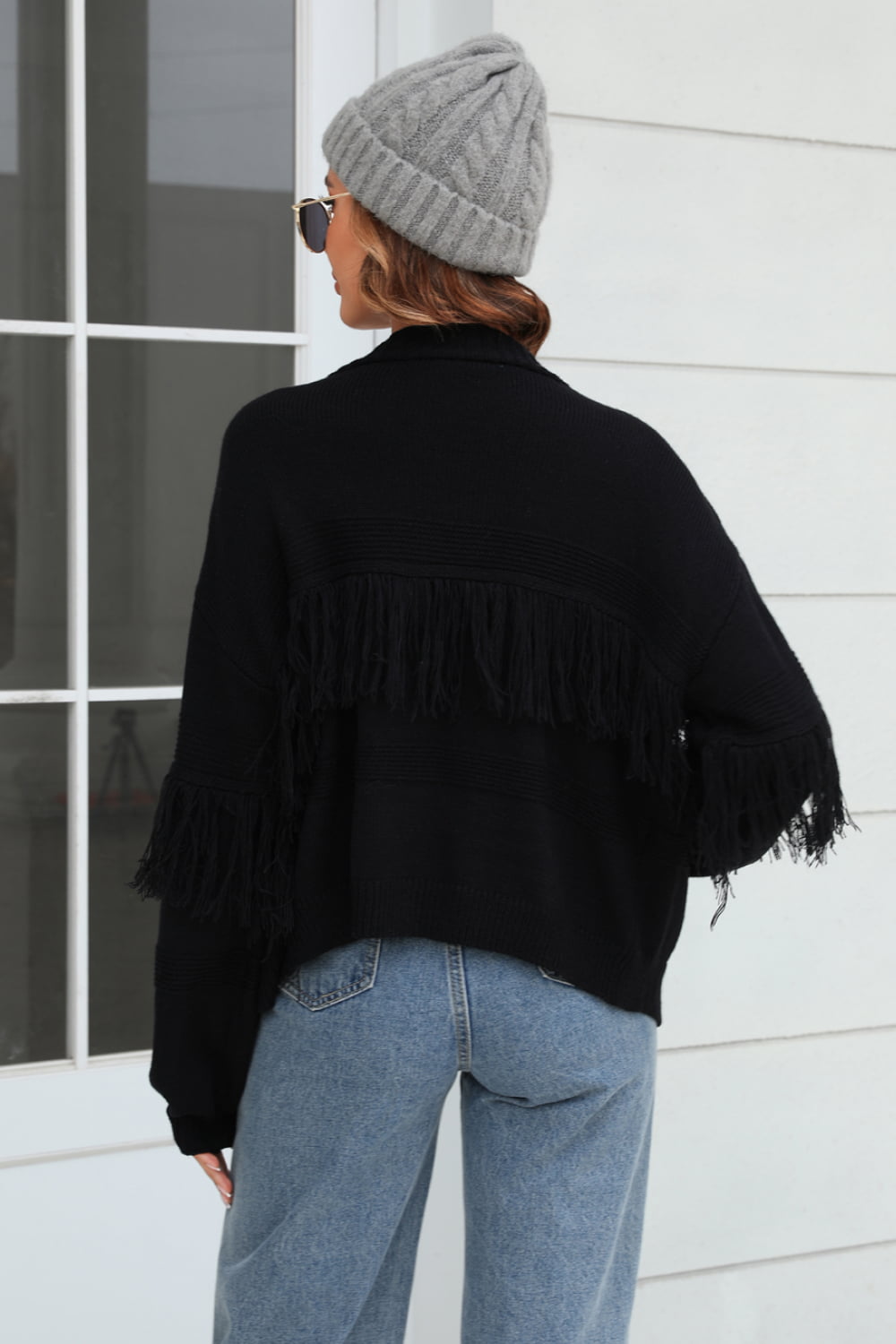 Double Take Fringe Trim Open Front Cardigan  - Doll Fits
