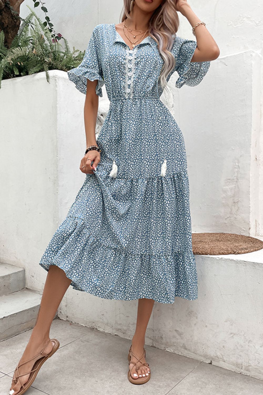 Printed Tassel Tie Flounce Sleeve Dress  Dresses- Doll Fits