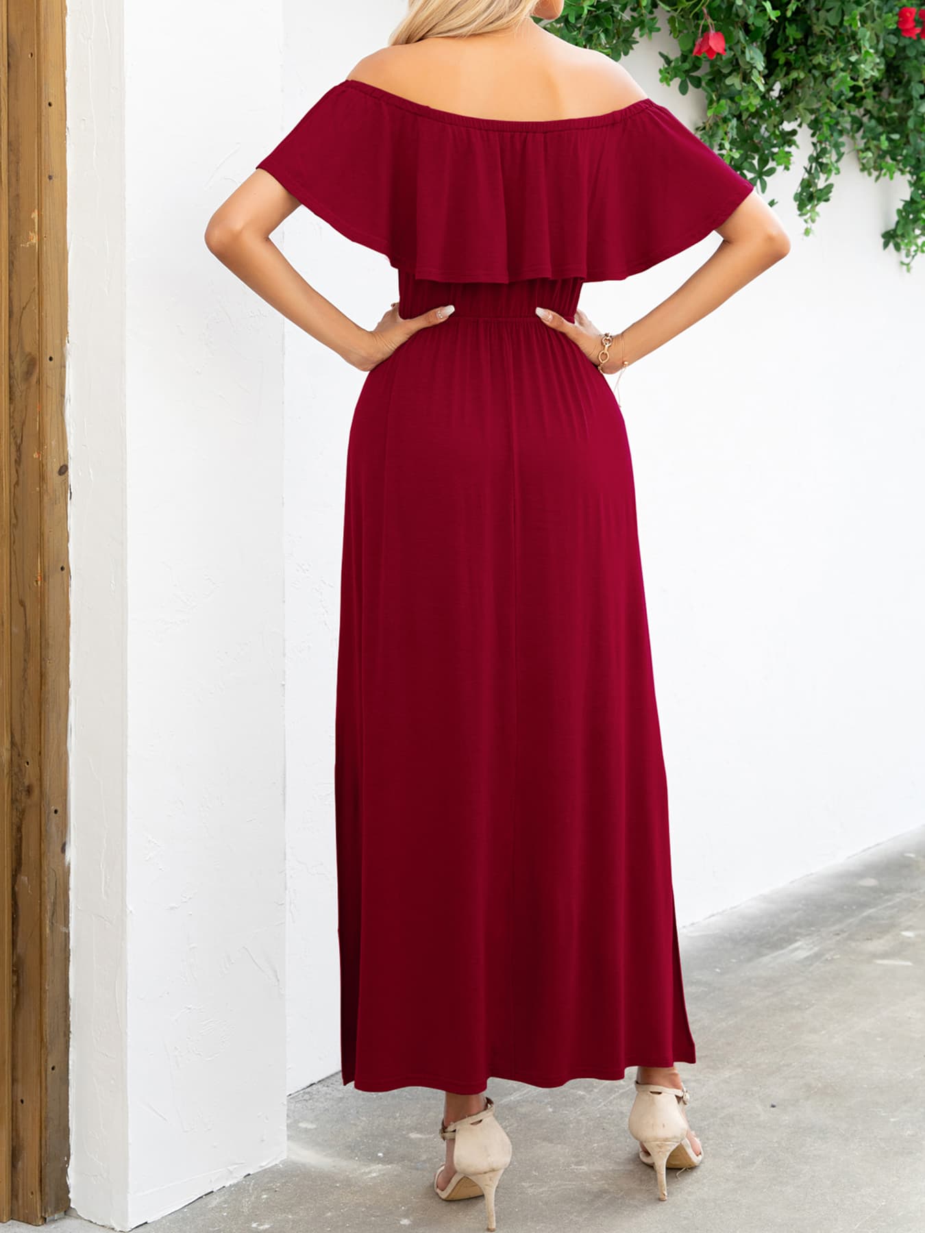 Off-Shoulder Slit Maxi Dress  Dresses- Doll Fits