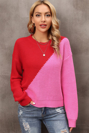 Two-Tone Round Neck Dropped Shoulder Sweater  Shirts & Tops- Doll Fits