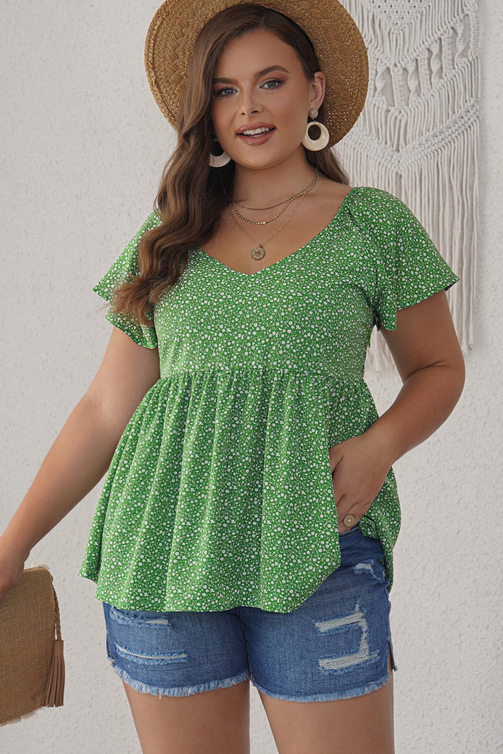 Ditsy Floral Flutter Sleeve Peplum Blouse  Shirts & Tops- Doll Fits