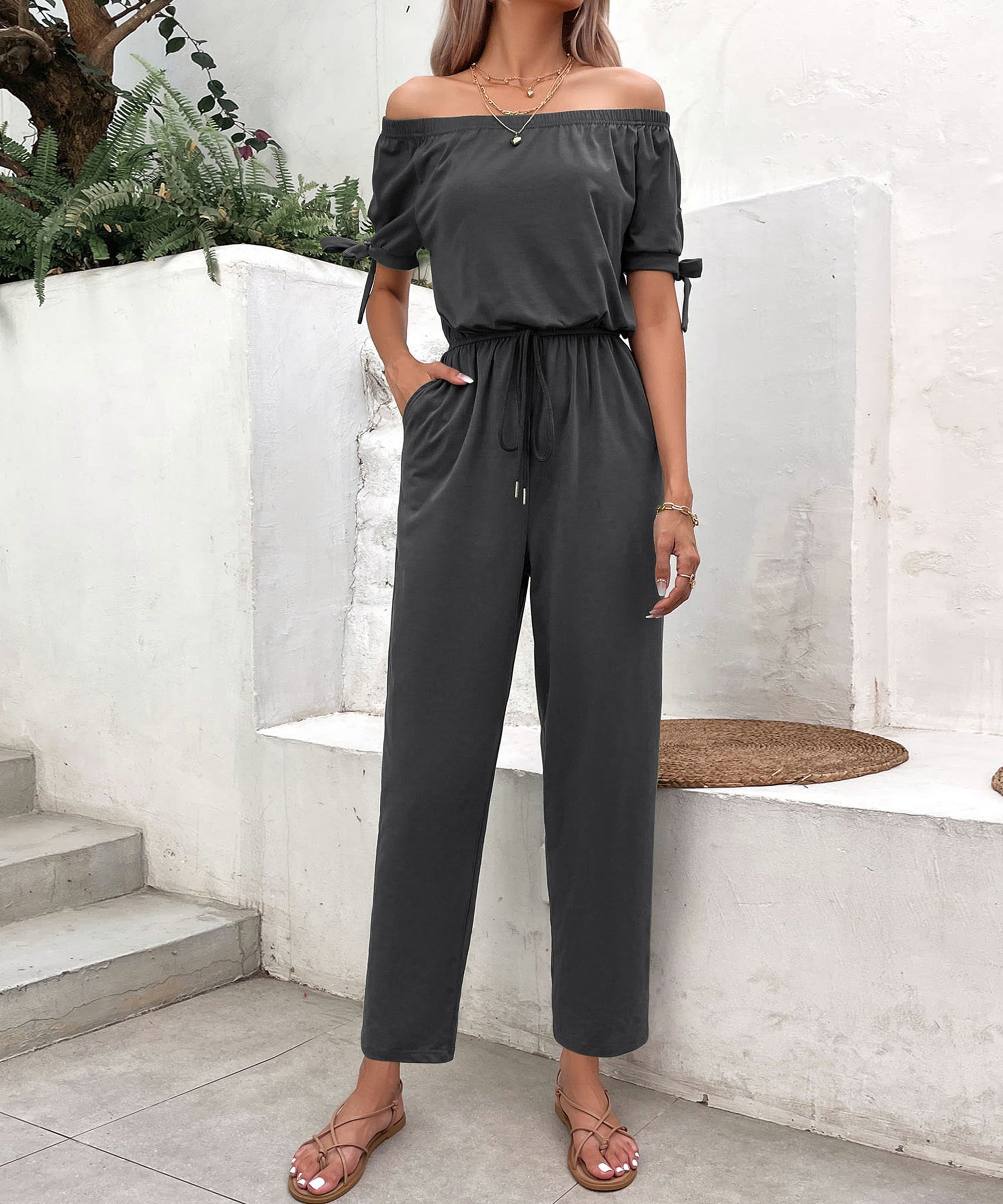 Off-Shoulder Tie Cuff Jumpsuit with Pockets  Jumpsuits & Rompers- Doll Fits
