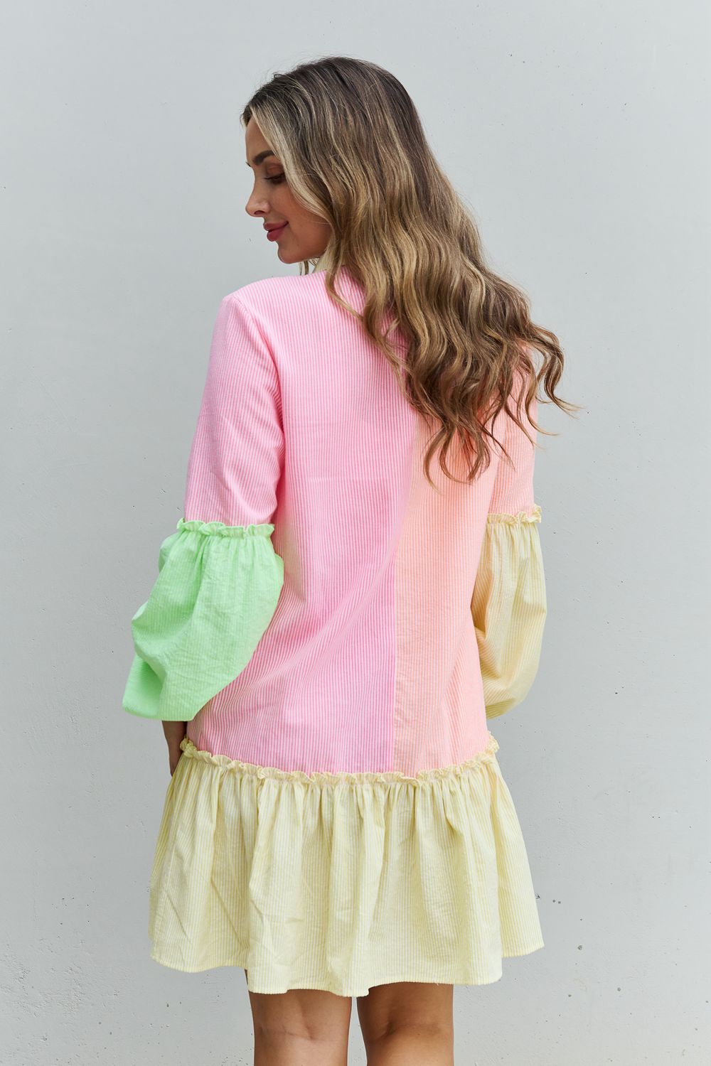 Davi & Dani Flying Colors Full Size Colorblock Long Sleeve Shirt Dress  Dresses- Doll Fits