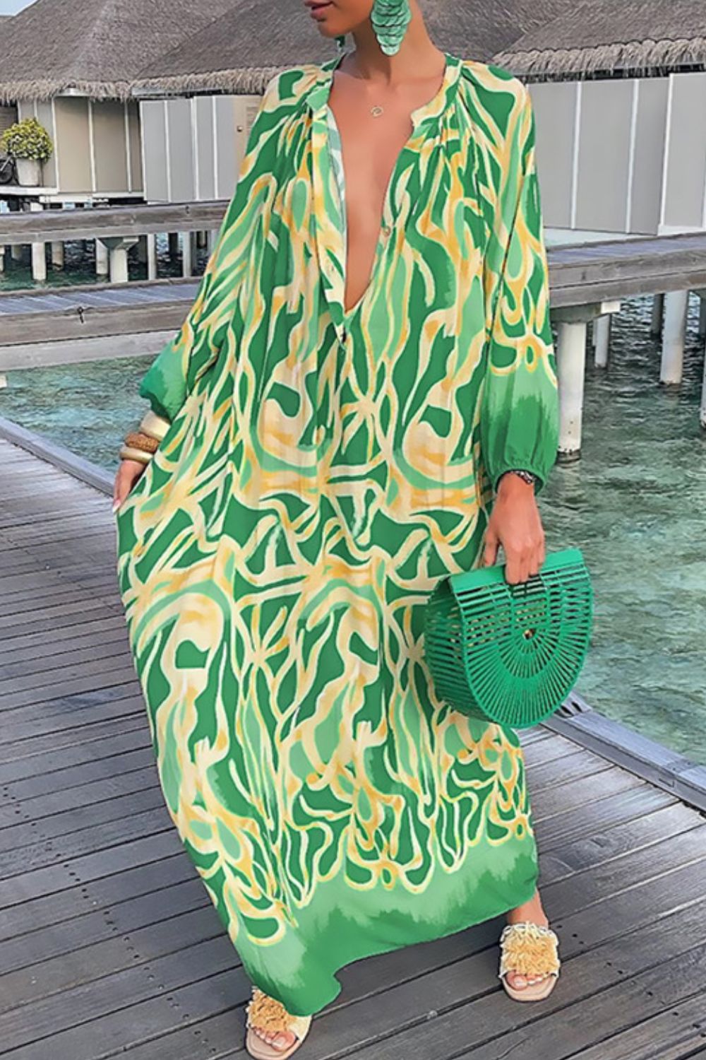 Abstract Print Buttoned Balloon Sleeve Dress  Dresses- Doll Fits