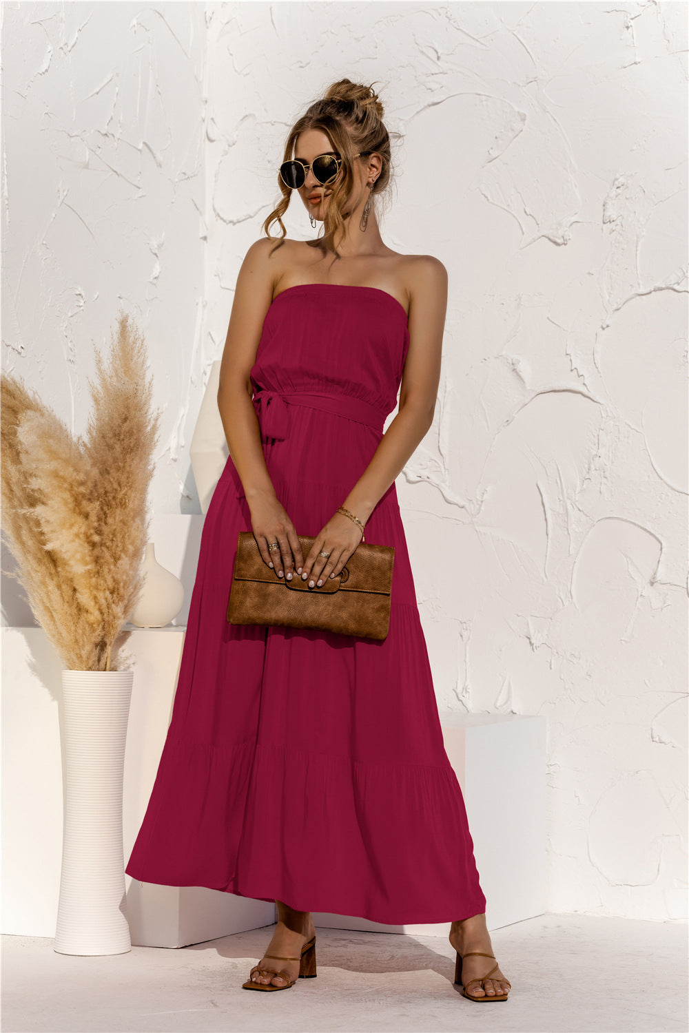 Strapless Tie Waist Tiered Maxi Dress  Dresses- Doll Fits