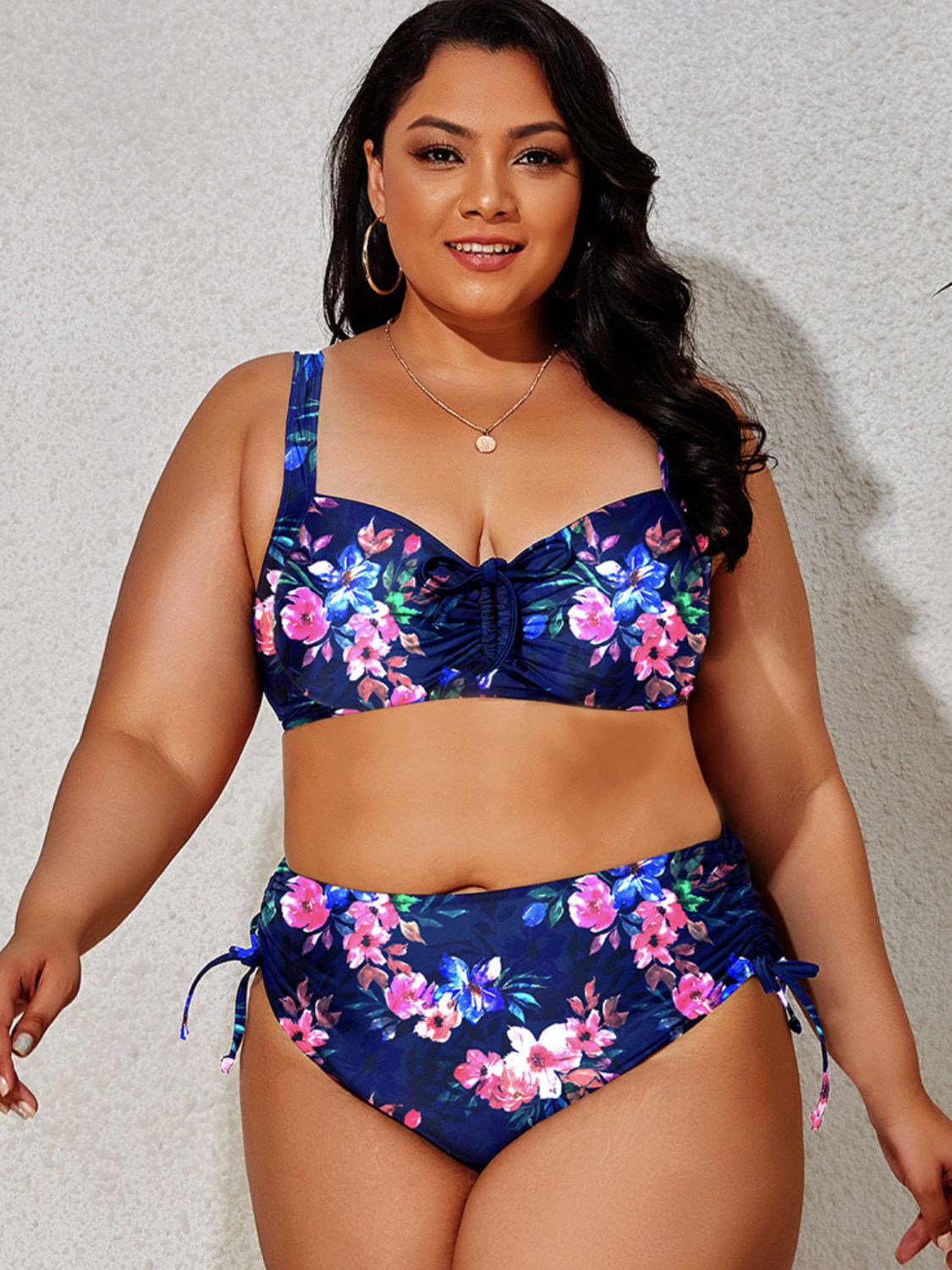 Plus Size Printed Drawstring Detail Bikini Set  Swimwear- Doll Fits
