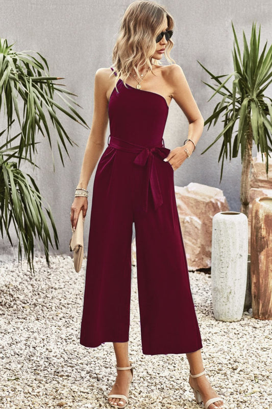One-Shoulder Tie Belt Wide Leg Jumpsuit  Jumpsuits & Rompers- Doll Fits