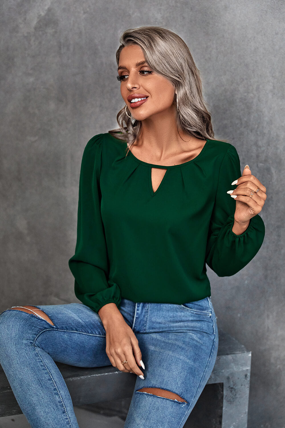 Pleated Detail Cutout Puff Sleeve Blouse  Shirts & Tops- Doll Fits