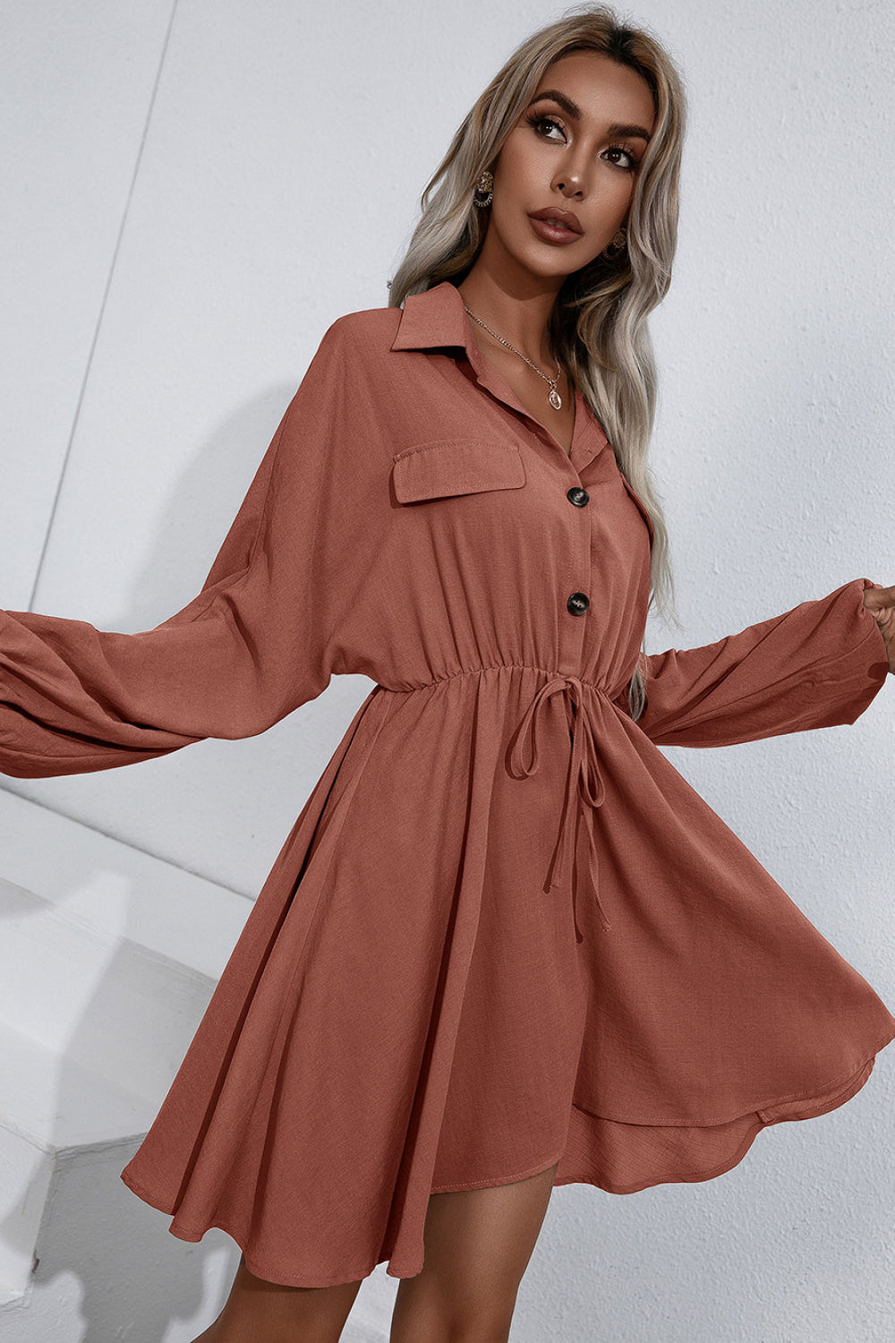 Lainey Tie Waist Button Up Shirt Dress  Dresses- Doll Fits