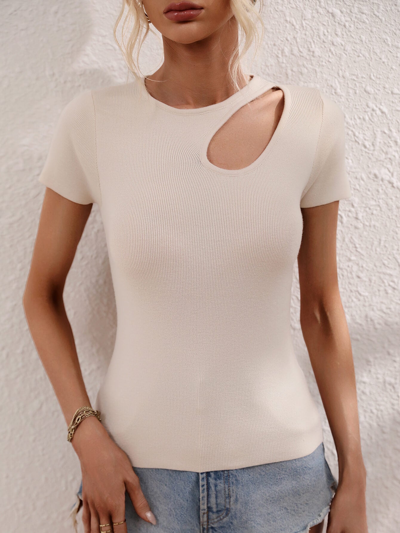 Cutout Round Neck Short Sleeve Knit Top  Shirts & Tops- Doll Fits